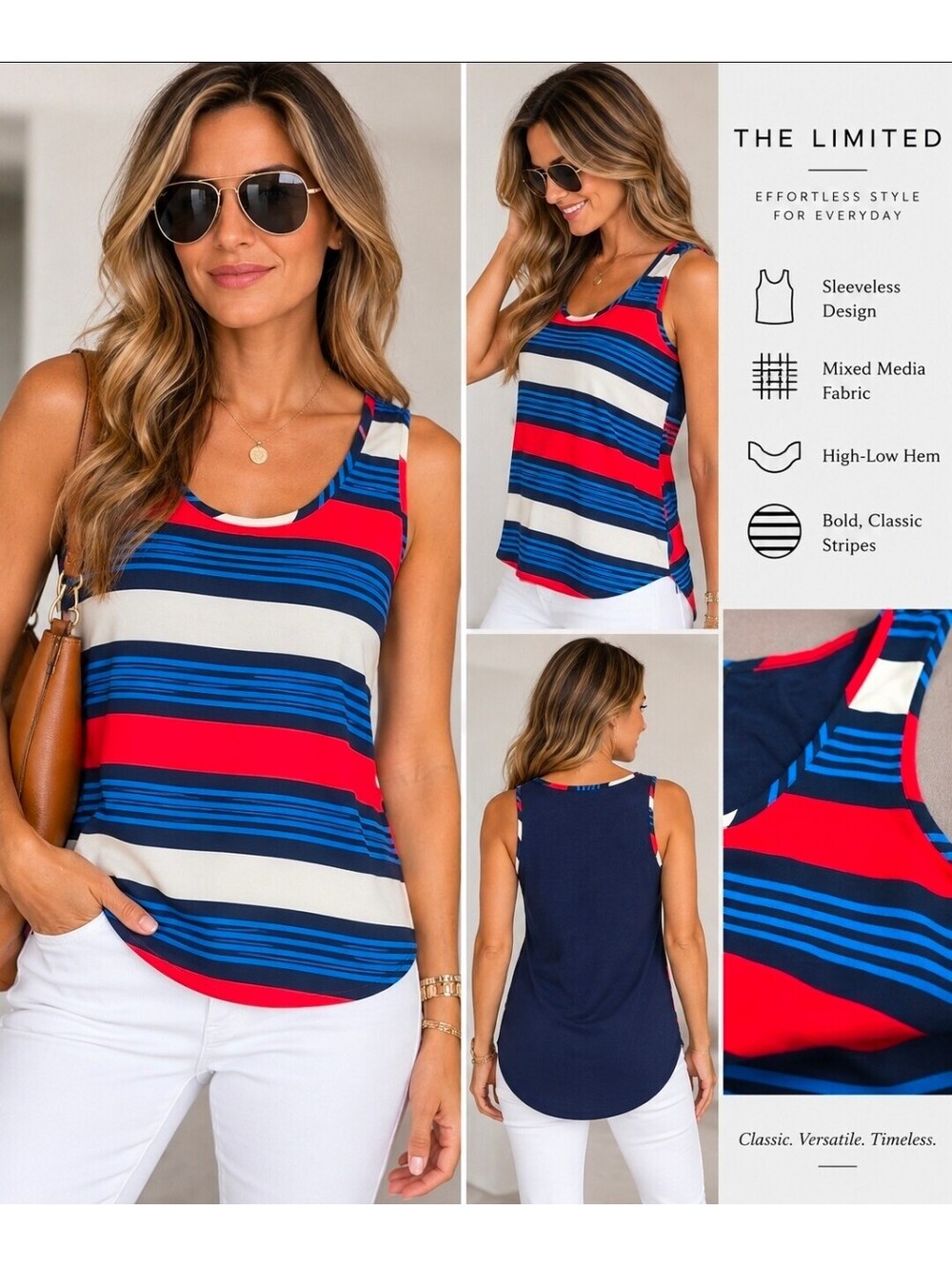 The Limited Women’s Small Striped Sleeveless High Low Tank Top Navy Red Blue